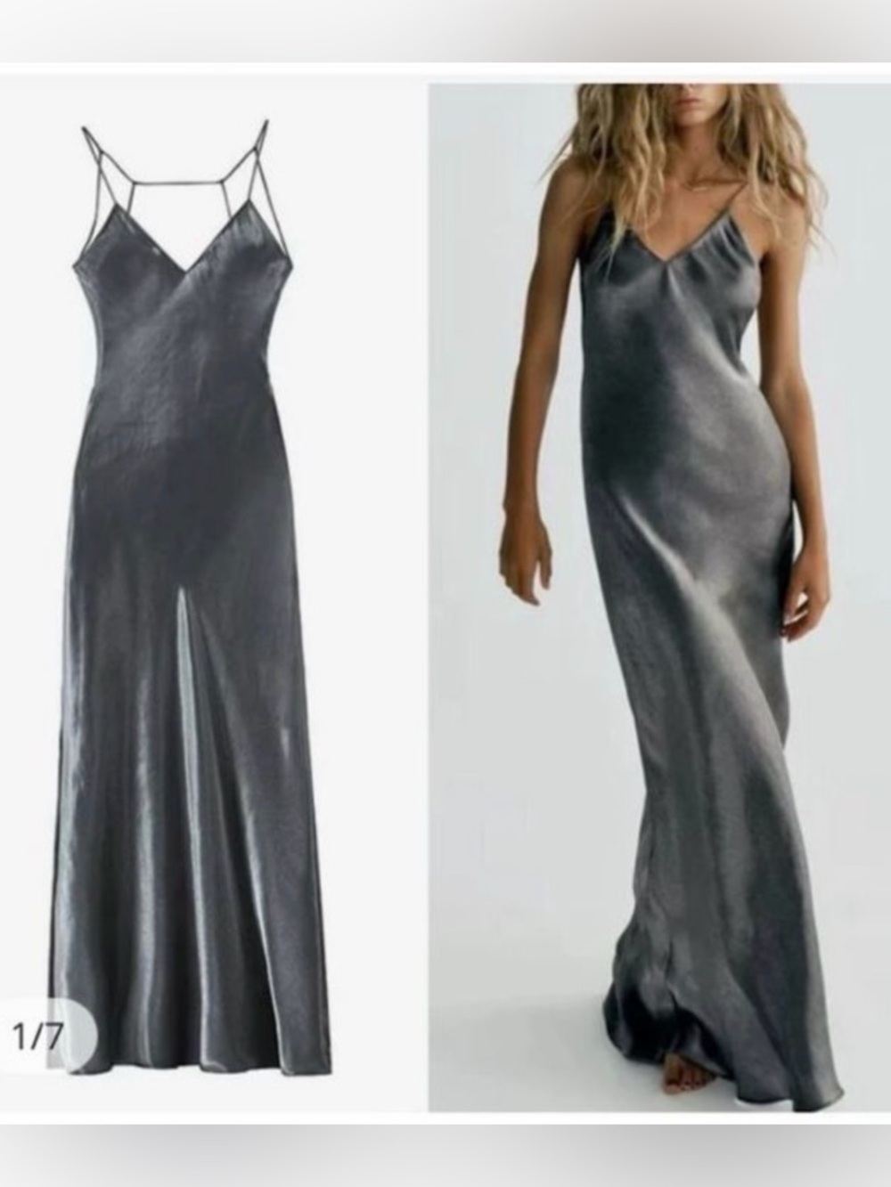 NNWM Woman Metallic Silver Liquid Satin Maxi Slip Dress Gunmetal 90s Y2K Size L
